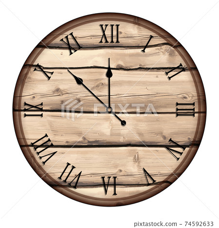 mechanical wall clock with a round wooden dial and Roman numerals. Measuring time. Countdown to the new year 2021. Realistic vector on white background mechanical wall clock with a round wooden dial and Roman numerals. Measuring time. Countdown to the new year 2021. Realistic vector on white background 74592633