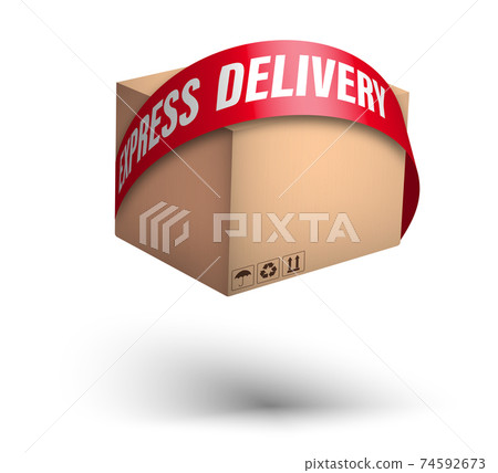 express delivery of goods. Cardboard box descends on a red tape like a parachute. Fast food and mail delivery. Transportation from shops. Color vector express delivery of goods. Cardboard box descends on a red tape like a parachute. Fast food and mail delivery. Transportation from shops. Color vector 74592673
