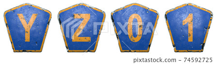 Set of public road signs in blue and orange color with a capital letters Y, Z and number 0, 1 in the center isolated white background. 3d 74592725