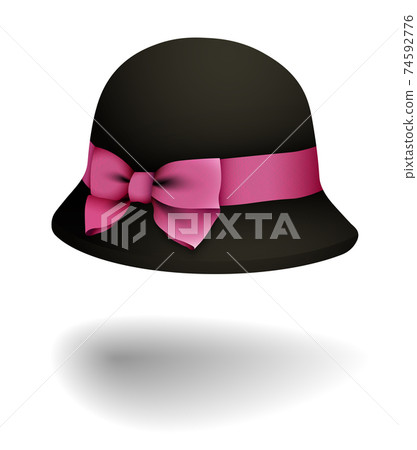 graceful lady bowler hat with round brim and bright pink silk bow. Autumn and spring women clothing. Realistic vector on white background graceful lady bowler hat with round brim and bright pink silk bow. Autumn and spring women clothing. Realistic vector on white background 74592776