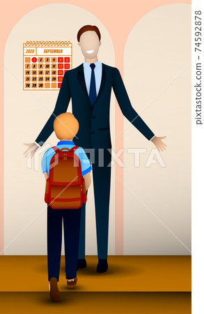 father in classic suit stands on doorstep of house hugging a child with briefcase, returning from school on September 1. Beginning of school year. Open gesture of friendliness and acceptance. Vector 74592878