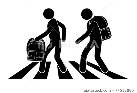 schoolchildren with backpacks cross the pedestrian crossing, street zebra. September 1 is beginning of the school year. Traffic safety on roads. Black and white vector schoolchildren with backpacks cross the pedestrian crossing, street zebra. September 1 is beginning of the school year. Traffic safety on roads. Black and white vector 74592890