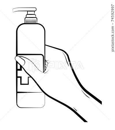 female hand holds a sanitizer with liquid soap, antiseptic. Preventing the spread of viruses. Disease prevention. Personal hygiene. Vector on white background 74592997