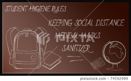 back to school, schoolboy hygiene rules written in chalk on a blackboard. Preventing disease and infection. September 1, beginning of year at school. Student Accessories. Vector 74592999