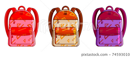 set of school backpacks for girls with ornament from school supplies. Front view. September 1, beginning of study. Vector student accessories on a white background 74593010