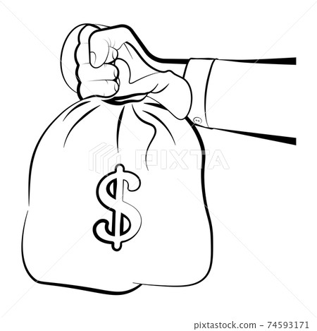 man holds in hand a bag of money. Issuance of a loan, repayment of debt to the bank, economic offenses. Isolated vector on white man holds in hand a bag of money. Issuance of a loan, repayment of debt to the bank, economic offenses. Isolated vector on white 74593171
