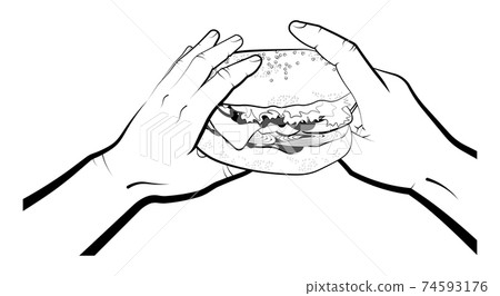 hamburger with bacon, cheese and lettuce on a bun in the hands of a man. Fast food. Isolated vector on white background 74593176