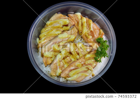 Grilled Salmon with Sauce in bowl plastic on background. Grilled Salmon with Sauce in bowl plastic on background. 74593372