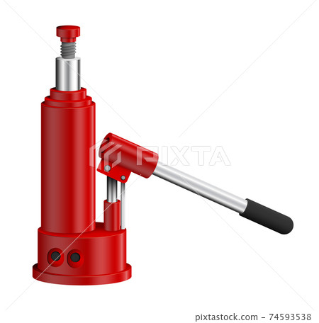 Hydraulic car jack. Car belt in repair shops. Increased lift. Lifting automobile to change wheels. Realistic vector Hydraulic car jack. Car belt in repair shops. Increased lift. Lifting automobile to change wheels. Realistic vector 74593538