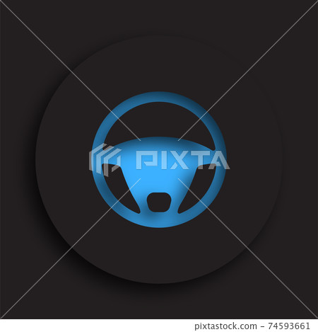 steering car wheel in neomorphism style on dark background. Car steering repair and balancing in service center. Driving safety. Vector 74593661