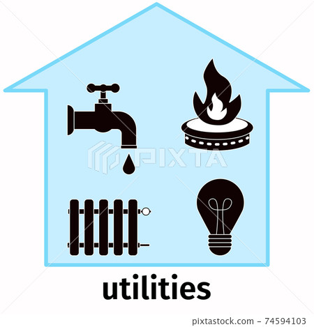 Utilities, bill payment. Vector house with gas, electricity, water, heating icons. Concept, payment for utilities. Flat, isolated object. 74594103