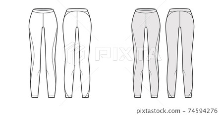 Yoga pants Leggings technical fashion illustration with low waist, rise, full length. Flat sport training, casual bottom 74594276