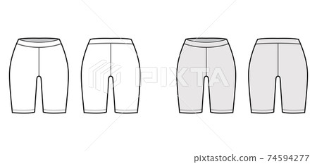 Bike shorts technical fashion illustration with low waist, rise, thigh length. Flat sport training pants casual trousers 74594277