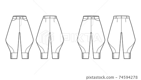 Set of Riding breeches shorts pants technical fashion illustration with knee length, low waist, rise, curved pocket 74594278