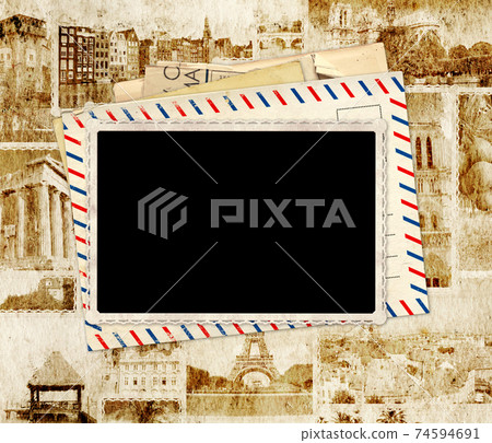 Vintage travel background with retro post cards and blank photo Vintage travel background with retro post cards and blank photo 74594691