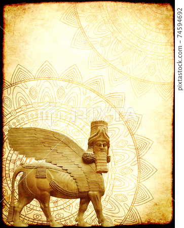 Grunge background with paper texture and lamassu Grunge background with paper texture and lamassu 74594692
