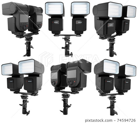 2 Speedlight flashes guns on tripod holder isolated on white background. 2 Speedlight flashes guns on tripod holder isolated on white background. 74594726