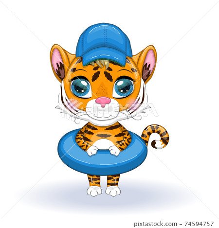 Cute cartoon tiger with beautiful eyes, orange with a circle for swimming and wearing a hat. Chinese New Year 2022, Year of the Tiger. Cute cartoon tiger with beautiful eyes, orange with a circle for swimming and wearing a hat. Chinese New Year 2022, Year of the Tiger. 74594757