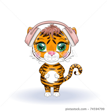 Cute cartoon tiger with beautiful eyes in headphones, love of music. Illustrations for Chinese New Year 2022, Year of the Tiger Cute cartoon tiger with beautiful eyes in headphones, love of music. Illustrations for Chinese New Year 2022, Year of the Tiger 74594799