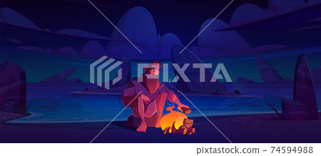 Castaway man on uninhabited island with bonfire 74594988