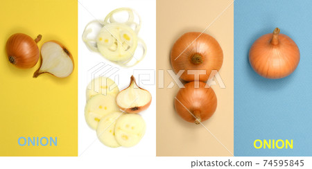 Creative layout made of Yellow onion bulbs. Creative layout made of Yellow onion bulbs. 74595845