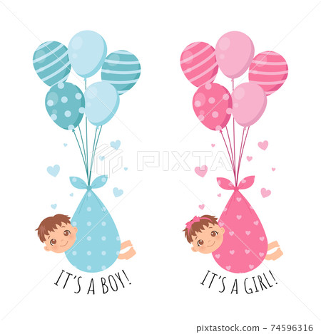 Cute baby gender reveal. Girl and boy infant - Stock Illustration  [74596316] - PIXTA