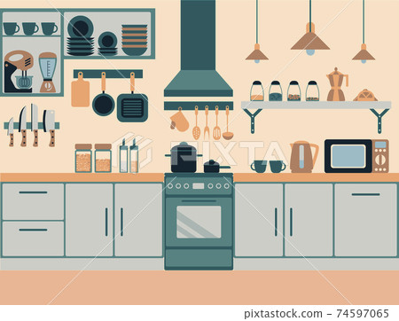 colorful kitchen flat style with lot of details interior 74597065