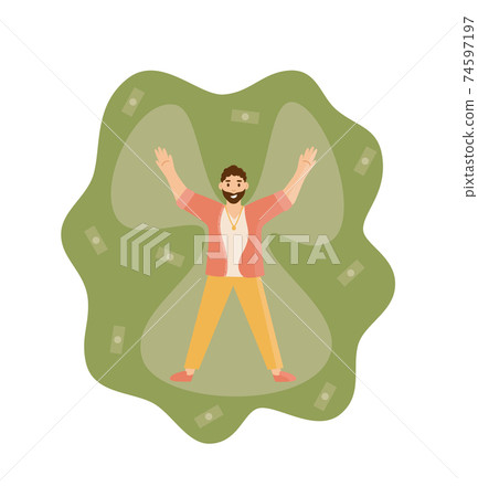 Successful rich man making snow angel on pile of money 74597197