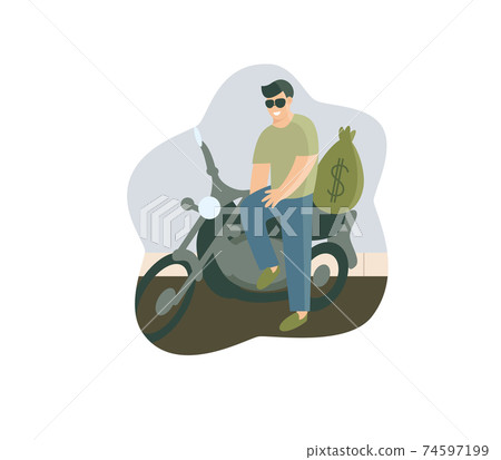 Successful rich man on motorcycle with money sack 74597199