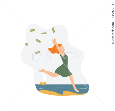 Happy rich wealthy woman throwing money in air 74597201