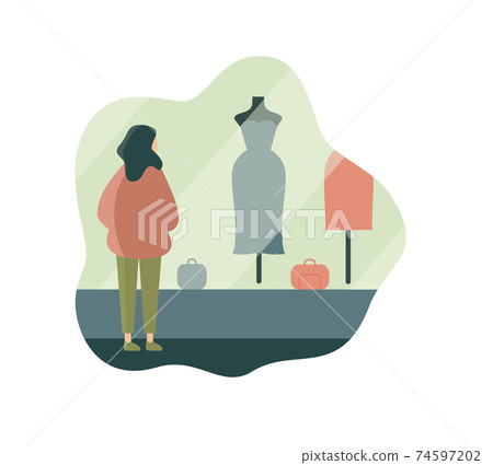 Poor woman admiring expensive dress in shop window 74597202