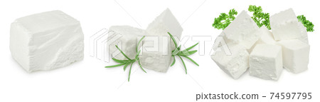 Feta cheese isolated on white background. With full depth of field. Set or collection Feta cheese isolated on white background. With full depth of field. Set or collection 74597795