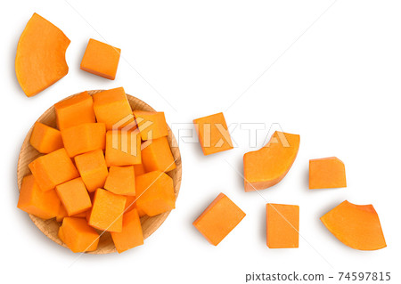 butternut squash slice in wooden bowl isolated on white background with clipping path. Top view with copy space for your text. Flat lay butternut squash slice in wooden bowl isolated on white background with clipping path. Top view with copy space for your text. Flat lay 74597815