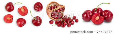 red sweet cherry isolated on white background with full depth of field. Set collection 74597848