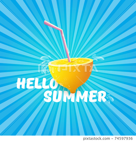 Vector Hello Summer Beach Party Flyer Design template with fresh lemon on BLUE sky with rays of light background. Hello summer concept label or poster with orange fruit and typographic text. Vector Hello Summer Beach Party Flyer Design template with fresh lemon on BLUE sky with rays of light background. Hello summer concept label or poster with orange fruit and typographic text. 74597936