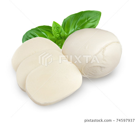 Mozzarella cheese sliced with basil leaf isolated on white background with clipping path and full depth of field Mozzarella cheese sliced with basil leaf isolated on white background with clipping path and full depth of field 74597937