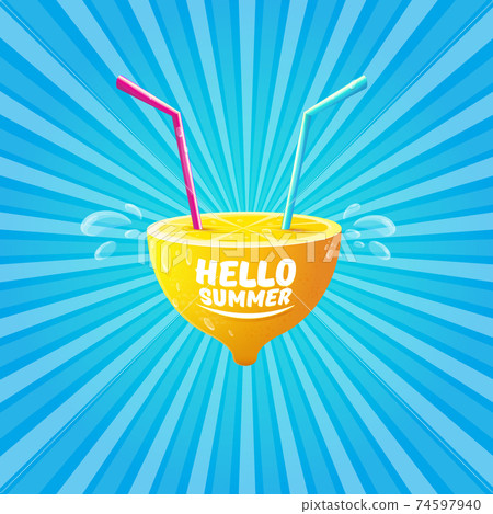 Vector Hello Summer Beach Party Flyer Design template with fresh lemon on BLUE sky with rays of light background. Hello summer concept label or poster with orange fruit and typographic text. Vector Hello Summer Beach Party Flyer Design template with fresh lemon on BLUE sky with rays of light background. Hello summer concept label or poster with orange fruit and typographic text. 74597940