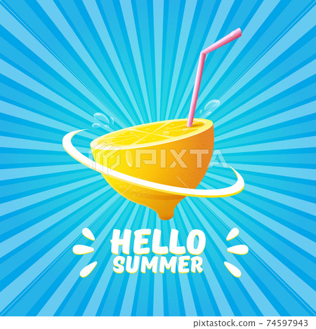 Vector Hello Summer Beach Party Flyer Design template with fresh lemon on BLUE sky with rays of light background. Hello summer concept label or poster with orange fruit and typographic text. Vector Hello Summer Beach Party Flyer Design template with fresh lemon on BLUE sky with rays of light background. Hello summer concept label or poster with orange fruit and typographic text. 74597943