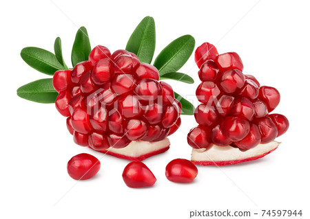 Pomegranate pieces isolated on white background with clipping path and full depth of field. Pomegranate pieces isolated on white background with clipping path and full depth of field. 74597944