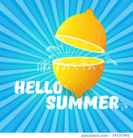 Vector Hello Summer Beach Party Flyer Design template with fresh lemon on BLUE sky with rays of light background. Hello summer concept label or poster with orange fruit and typographic text. Vector Hello Summer Beach Party Flyer Design template with fresh lemon on BLUE sky with rays of light background. Hello summer concept label or poster with orange fruit and typographic text. 74597945