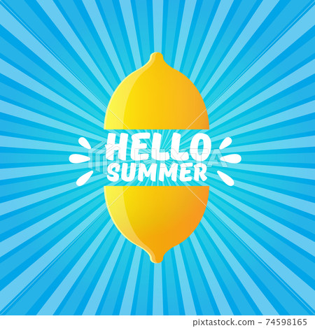 Vector Hello Summer Beach Party Flyer Design template with fresh lemon on BLUE sky with rays of light background. Hello summer concept label or poster with orange fruit and typographic text. Vector Hello Summer Beach Party Flyer Design template with fresh lemon on BLUE sky with rays of light background. Hello summer concept label or poster with orange fruit and typographic text. 74598165