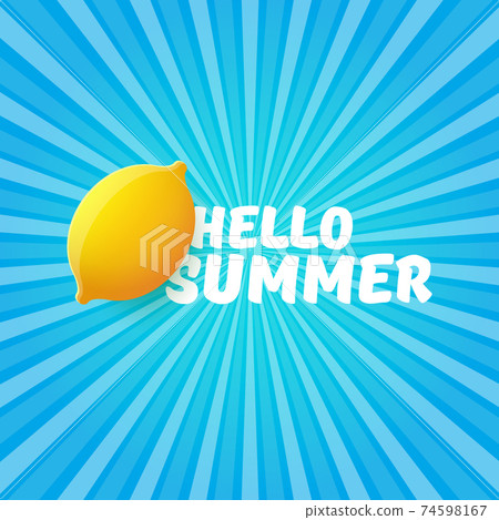 Vector Hello Summer Beach Party Flyer Design template with fresh lemon on BLUE sky with rays of light background. Hello summer concept label or poster with orange fruit and typographic text. Vector Hello Summer Beach Party Flyer Design template with fresh lemon on BLUE sky with rays of light background. Hello summer concept label or poster with orange fruit and typographic text. 74598167