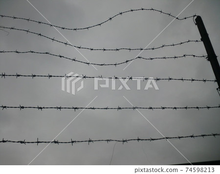鐵絲網在灰色的天空 鐵絲網在灰色的天空 74598213