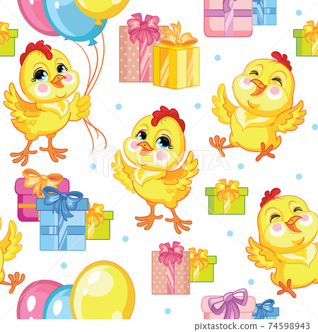 Seamless vector pattern cute party chickens and presents Seamless vector pattern cute party chickens and presents 74598943