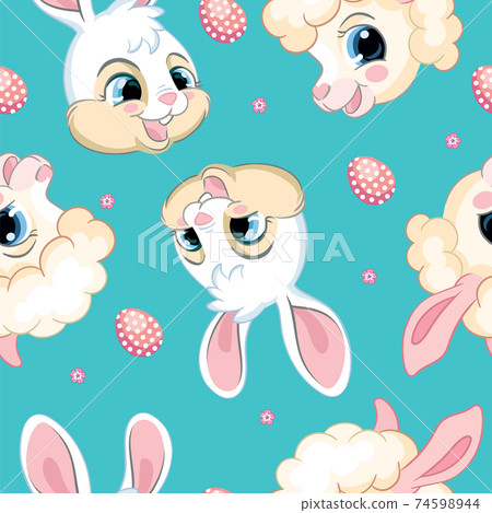 Seamless pattern with heads of rabbits and lambs 74598944