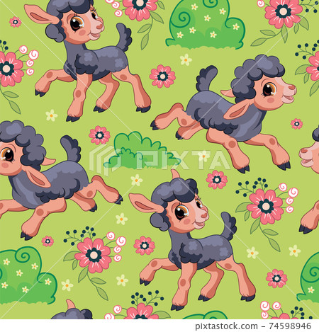 Seamless vector pattern black lambs on green background Seamless vector pattern black lambs on green background 74598946