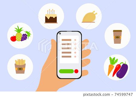 Ordering goods through the application. Vector, hand with phone, ordering goods on the Internet. Diverse food, contactless shopping. Concept, flat illustration. 74599747