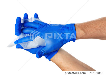 Hand with blue gloves takes a white cloth Hand with blue gloves takes a white cloth 74599843