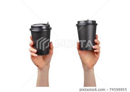 Female hand holding disposable coffee cup isolated on white Female hand holding disposable coffee cup isolated on white 74599955