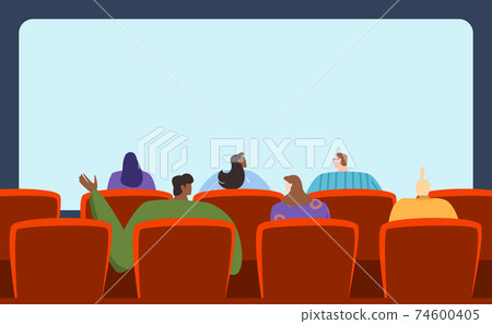 People watching movie, spacious audience, interesting film, entertainment program, design cartoon style vector illustration. People watching movie, spacious audience, interesting film, entertainment program, design cartoon style vector illustration. 74600405